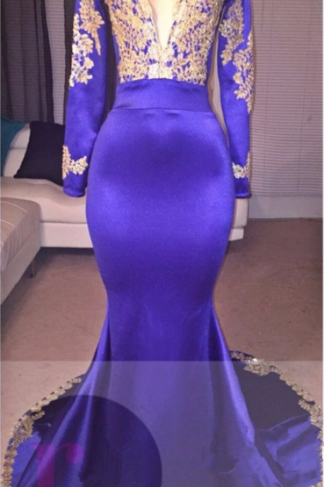 Long Sleeves Royal Blue Prom Dress With Gold Lace