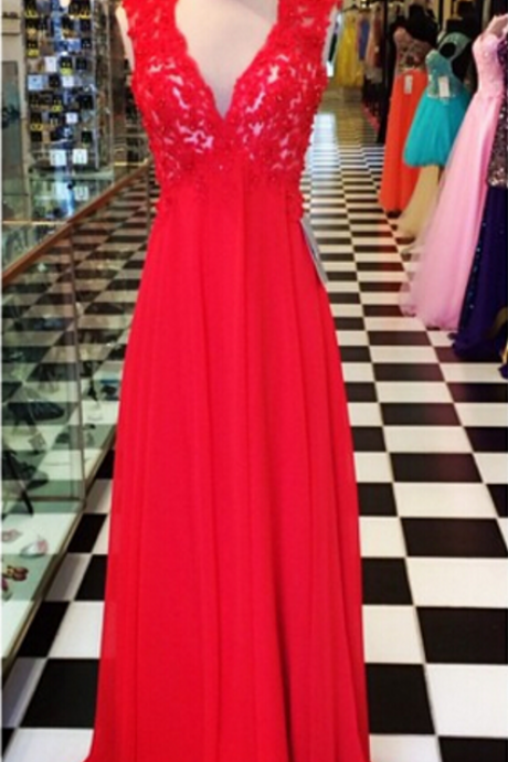 Open Back Long Red Chiffon Prom Dress With Lace Bodice