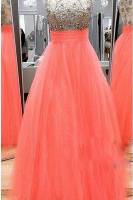 Coral Prom Dress With Beaded Bodice