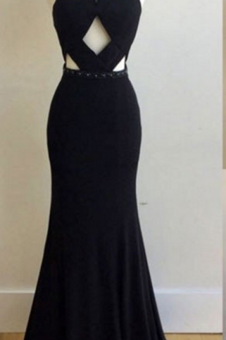 Jewel Neck Long Black Prom Dress With Beads