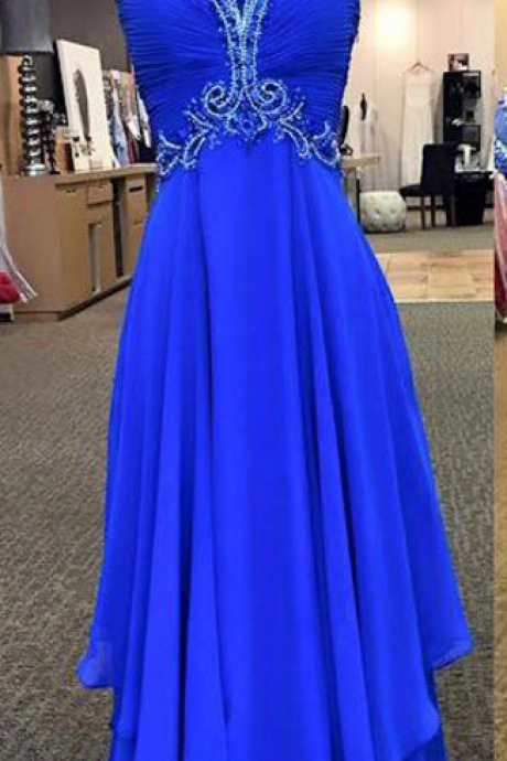 Royal Blue Chiffon Prom Dresses, Beading Formal Dresses, Graduation Party Dresses, Banquet Gown,long A-line Prom Dress