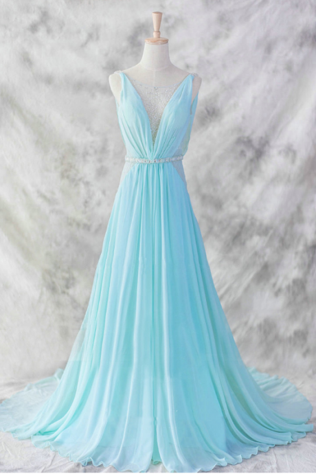 Open Back Light Blue Long Chiffon Formal Occasion Dress