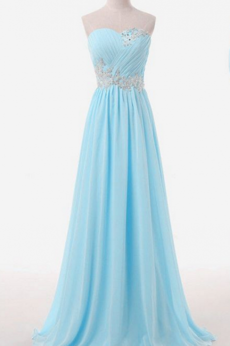 Sleeveless Light Blue Long Chiffon Formal Occasion Dress With Pleated Bodice