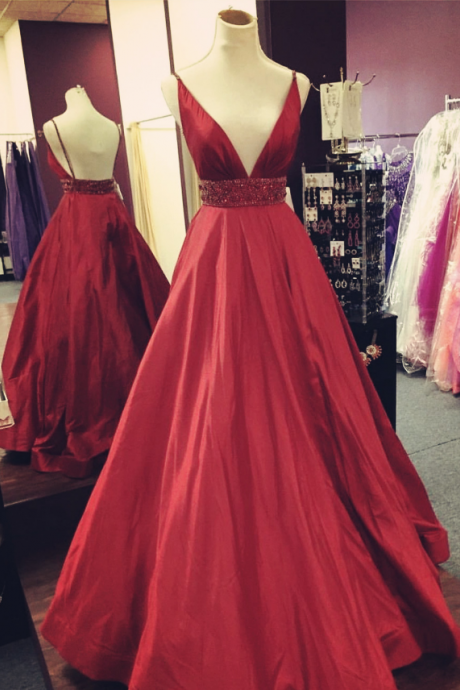 V Neck Dark Red Prom Dress