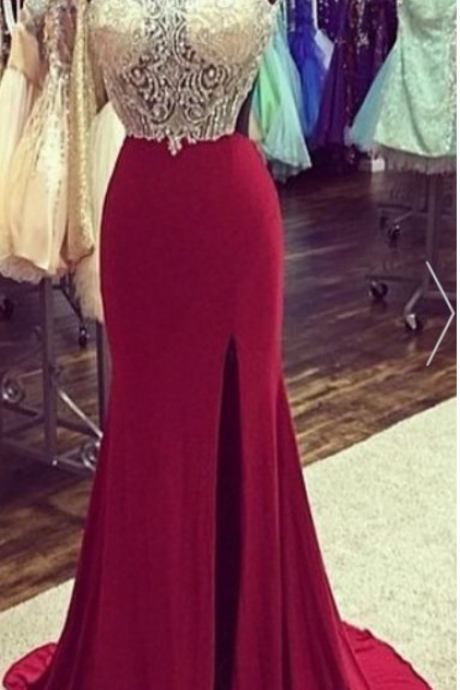 Illusion Bodice Beaded Prom Dress With Side Slit