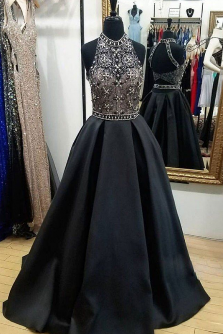 Black High Neck Lace Beads Long Prom Dress Evening Dresses
