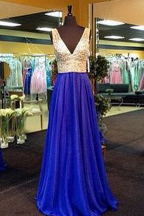Royal Blue Beaded Prom Dress with Crystals evening dresses