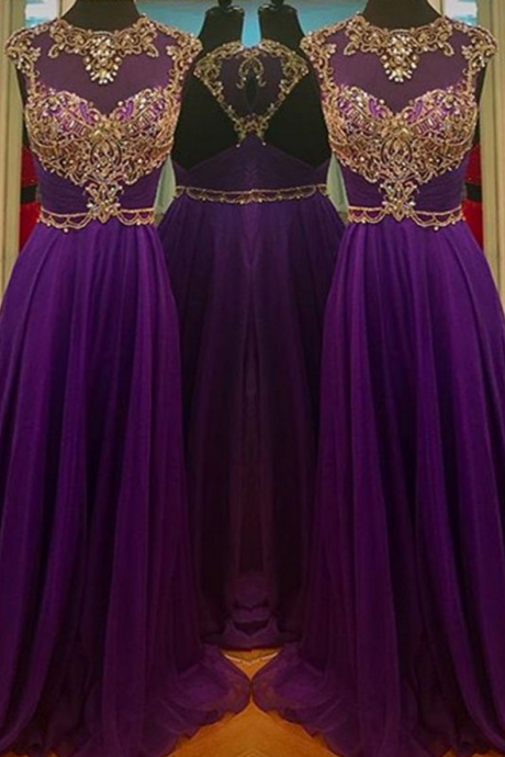 Illusion Neck Beaded Purple Prom Dress With Open Back Evening Dresses