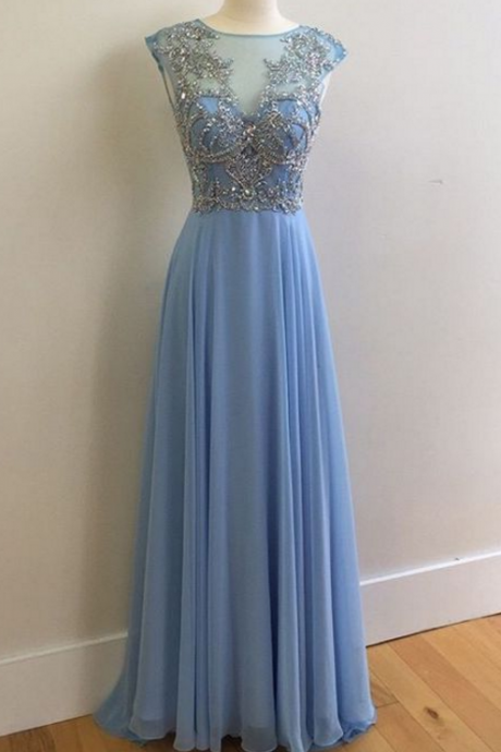 Ilusion Neck Long Chiffon Formal Occasion Dress With Beads Evening Dresses