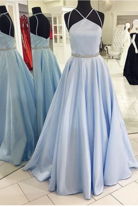 Light Blue Long Satin Prom Dress With Beaded Waist Evening Dresses