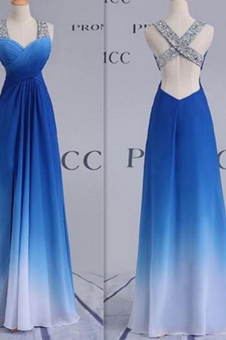 Blue Long Prom Dress With Beaded Straps Evening Dresses
