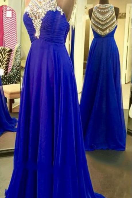 Illsuion Neck Long Chiffon Royal Blue Prom Dress With Beading Evening Dresses