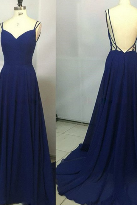 Open Back Long Chiffon Navy Blue Formal Occasion Dress With Doubled Spaghetti Straps Evening Dresses