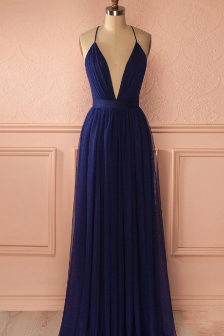 Plunging Neck Navy Blue Maxi Dress Evening Dresses