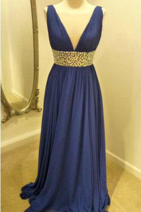 V Neck Royal Blue Long Chiffon Evening Dress With Beaded Waist Evening Dresses