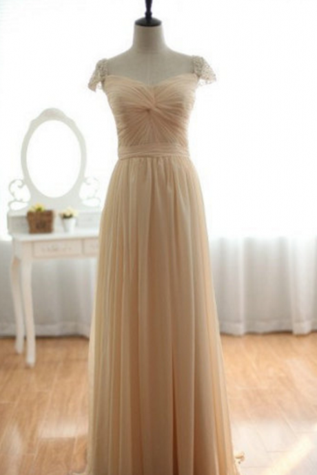 Long Champagne Chiffon Dress With Beaded Cap Sleeves Evening Dresses