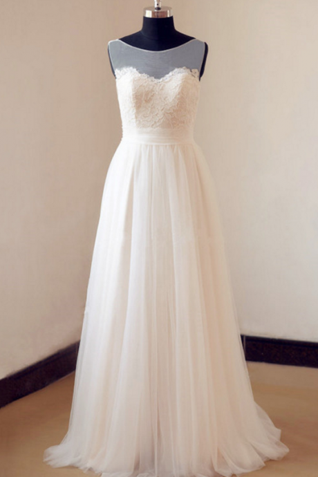 Ivory Tulle Lace Wedding Dress With Sheer Neckline Evening Dresses