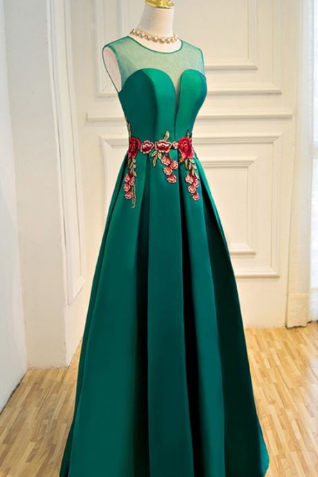 Evening Dress Sheer Plunging Neck Emerald Green Long Formal Occasion Dress With Appliques
