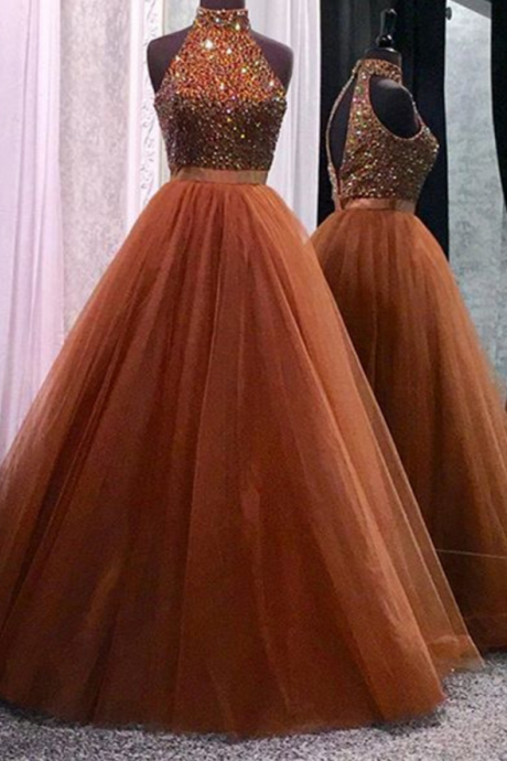 High Collar Beaded Prom Dres With Keyhole Back Evening Dresses