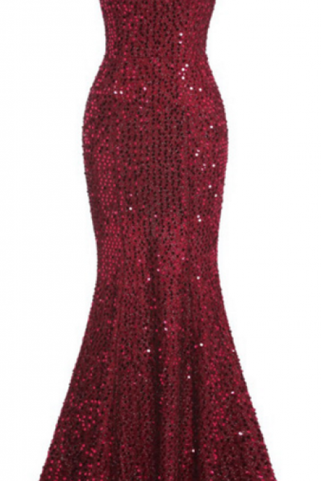 The Red, Elegant Carlin's Elegant Mermaid Evening Gown, Long Unbacked Sequined Wine Gown, A Lavish Formal Dress
