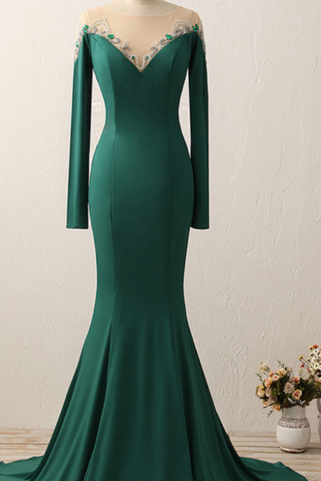 100% Real Photo Satin Mermaid Scoop Neck Long Evening Dresses 2021 Long Sleeves Beaded Floor Length Evening Dress