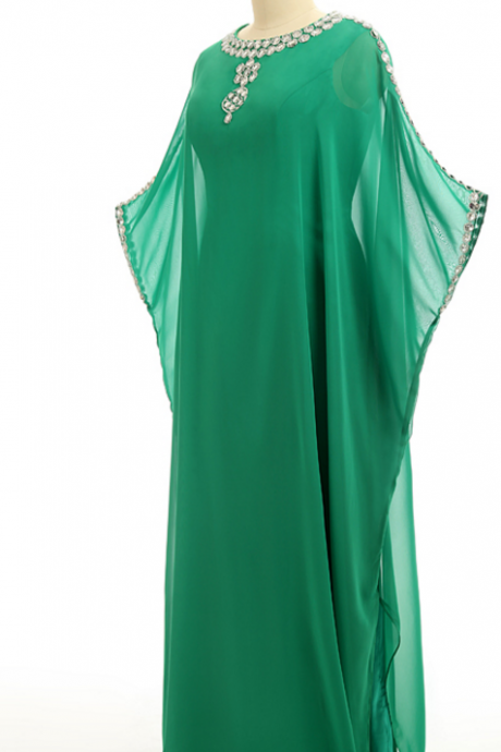 Scoop Chiffon Evening Dress Beading Muslim Evening Party Dresses Long Sleeves Floor Length Vestido De Festa