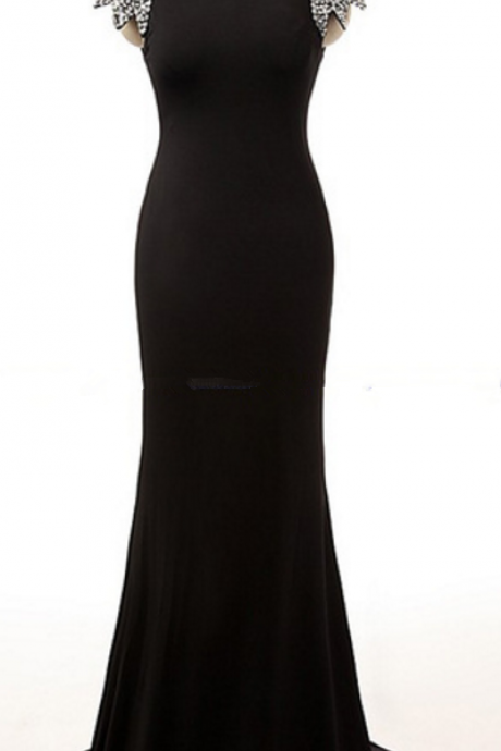 Black Chiffon Spoon-cap Sleeveless Ball Gown With A Long Evening Gown