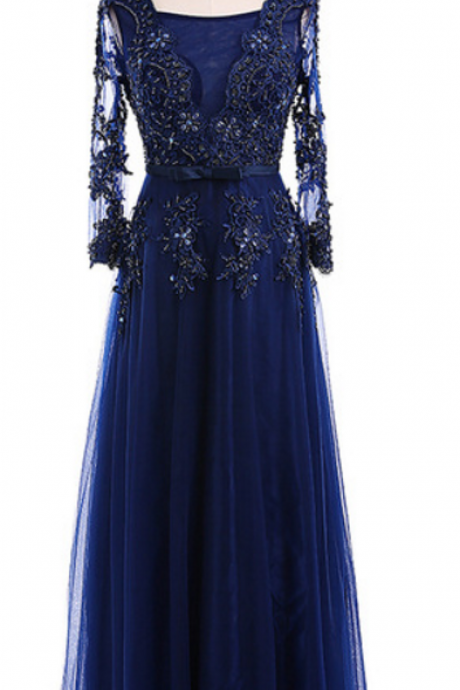 Long Formal Evening Dress, A Row Of Royal Blue Tulle, Long Sleeves, Long Sleeves