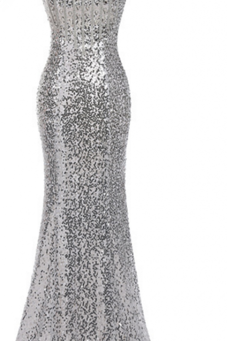 The Long Mermaid's Evening Gown With A Silver Formal Prom Gown