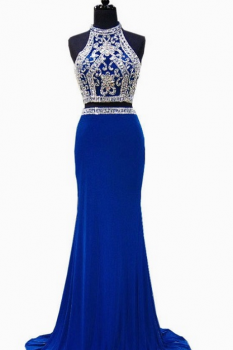 The Prom Dress Is Gorgeous Mermaid High Neck Bead Crystal Floor-length Royal Blue Africa 2 Ball Gown
