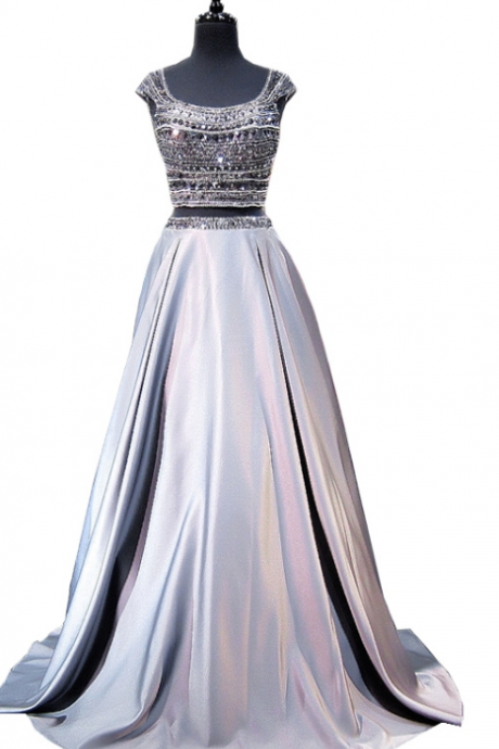 Prom Dress, Shiny A-line Cap Sleeves, An Amazing Beaded Crystal Floor-length Gray, No-back Ball Gown