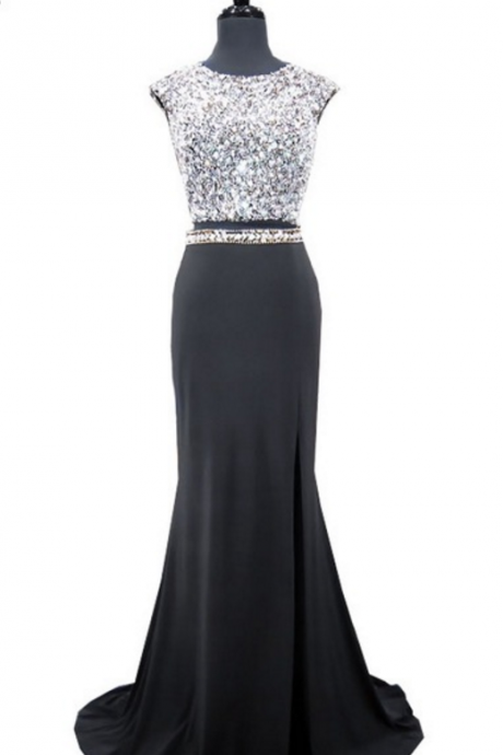 Prom Dress, Sparkling Beaded, Sleeveless, Sleeveless, Sleeveless Black Mermaid Ball Gown
