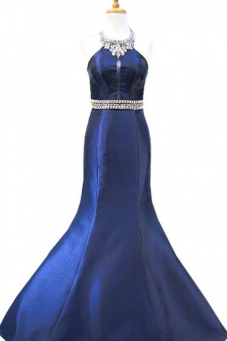 Long Mermaid's Evening Dress Neckline, Beaded Crystal, Formal Evening Dress With Navy Blue
