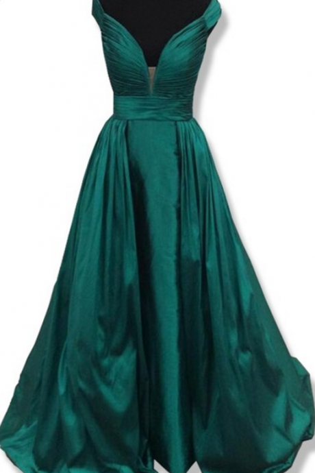 Elegant V-neck, Straight Sleeves, Satin Emerald Green Women&amp;amp;amp;amp;#039;s Formal Evening Dress