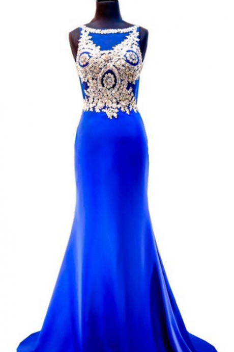 Mermaid style sleeveless golden lace floor-length women, royal blue evening dress