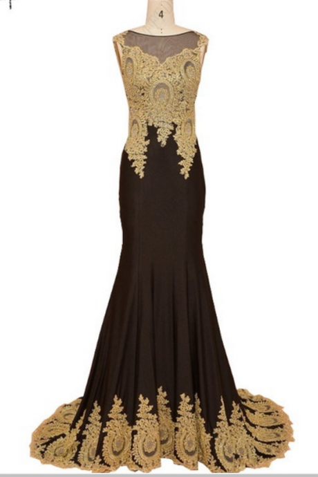 The Real Sample Size Of Pure Neckline Golden Lace Flooring Length, Black Mermaid, Formal Evening Dress