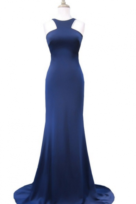 Simple Evening Dress, Mermaid Neckline Sleeveless Navy Blue Silk Dress