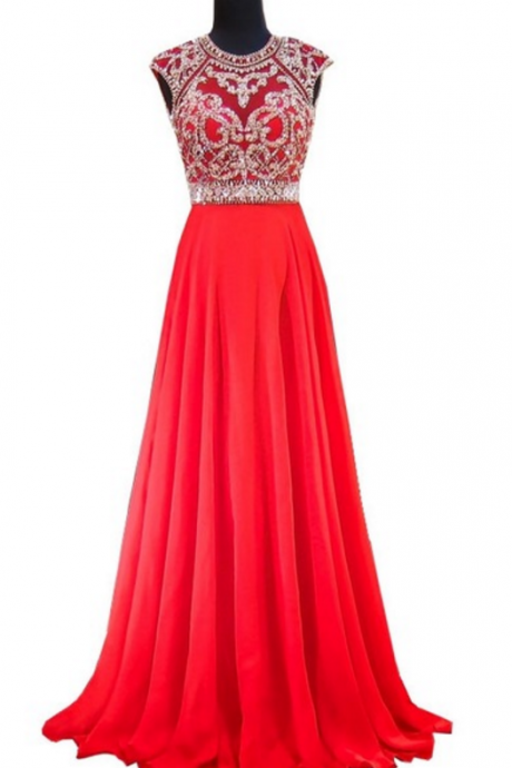 Long evening gown, stunning exclusive neckline crystal floor-length red women&amp;#039;s formal evening gown