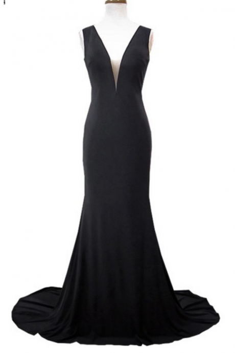 Simple mermaid deep v neck sleeveless elastic floor length black dress gown evening dresses
