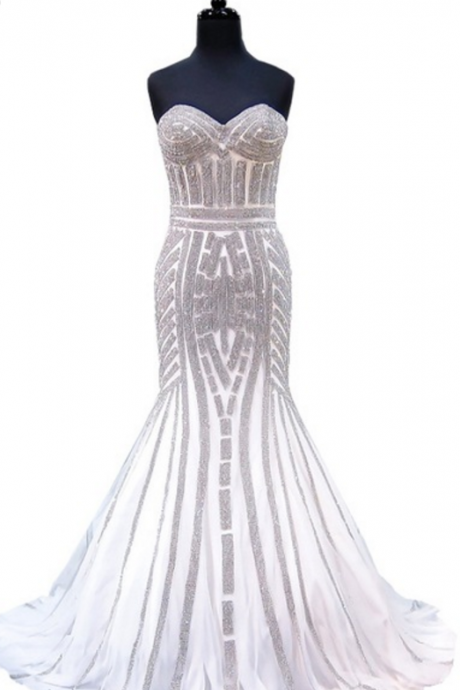 The Luxurious Mermaid Evening Gown, The Beautiful Lover, The Heavy Silver Beads, The White Women&amp;amp;amp;amp;amp;#039;s Formal Evening