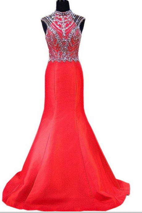 The Red Evening Dress Mermaid Has A High-necked Crystal Floor-length Crystal Flooring Length With An African Women's