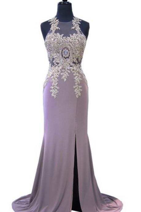 The Mermaid O - Neck Pure Gold Applique Floor Length Of The High Slit, Women's Formal Evening Dress