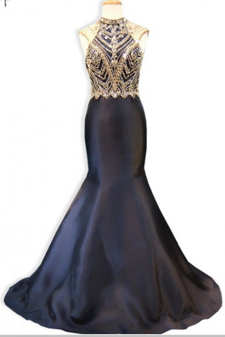 Long Night Dress", The Real Sample Of The High-necked, Sleeveless Golden Beaded, The Black Mermaid Evening Dress