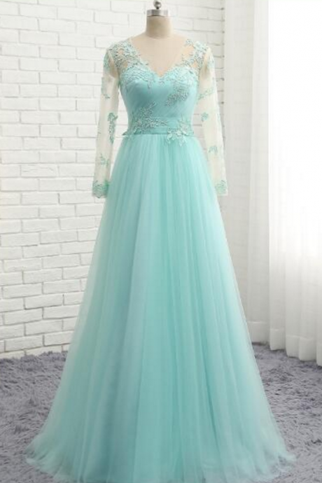 Peppermint Green Evening Dress, Long-sleeved Tulle, Lace Gown With Lace