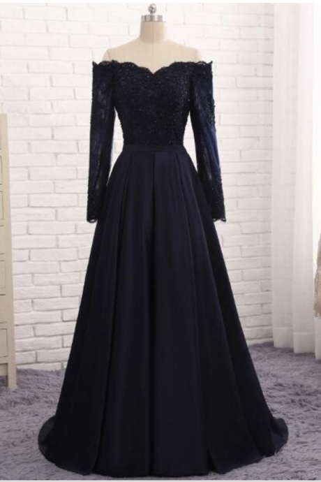 Long Sleeve Navy Evening Gown With Satin Dinner