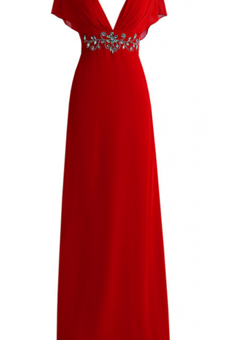 Sexy Deep V-neck Red Evening Dress, Dress Chiffon Crystal Back Formal Evening Dress Gown, Fashionable Dress