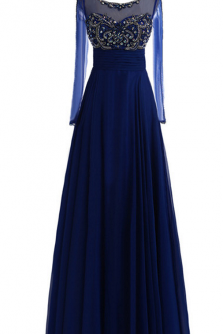 Sexy Fantasy Suspenders, Royal Blue Chiffon Evening Dress, Long-sleeved Crystal Beaded Gown With Long Sleeves Chic Formal Evening Dress