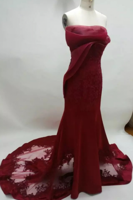Fashion Burgundy Prom Dress Mermaid Strapless Lace Appliques Court Train Long Pageant Dress Women Formal Party Dress Gowns