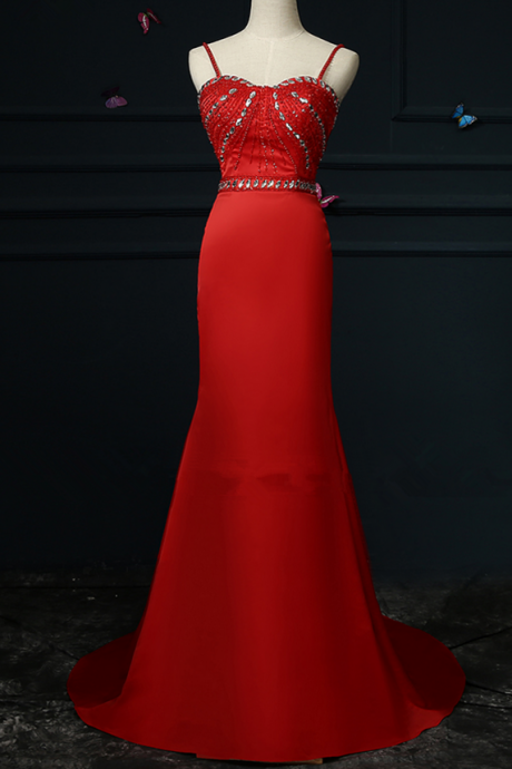 Robe red pearl foil Spaghetti lung luxury satin formal party long gown