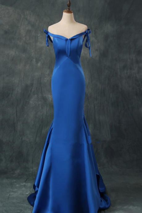 Dress Festa ship blue satin shoulder neck beyond simple Fomal party mermaid married long evening dress